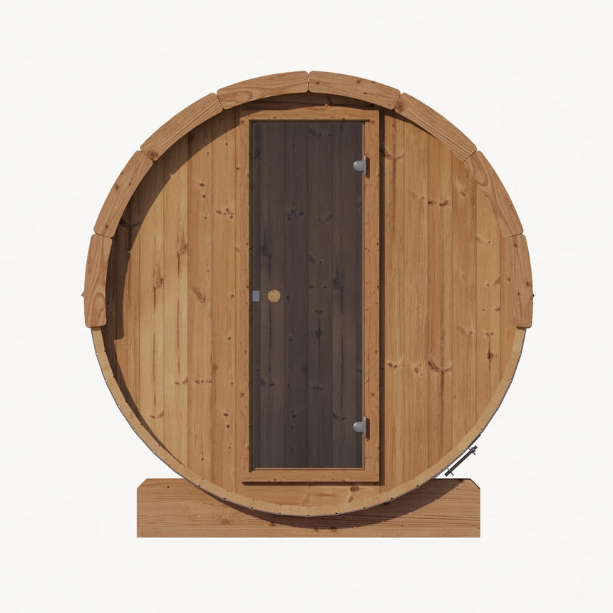 Direct frontal exterior view of the SaunaLife E6 Outdoor Barrel Sauna with the glass door.
