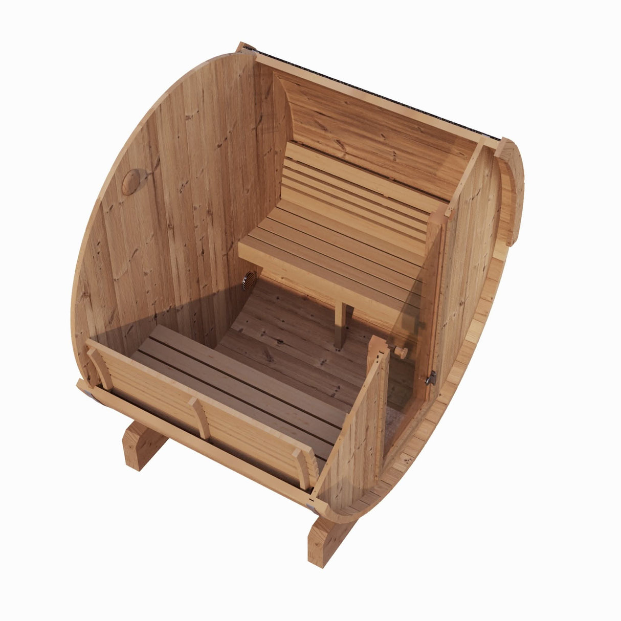 Overhead interior view of the Model E6 showing the curved Thermo-Aspen benches and dual floor drains.