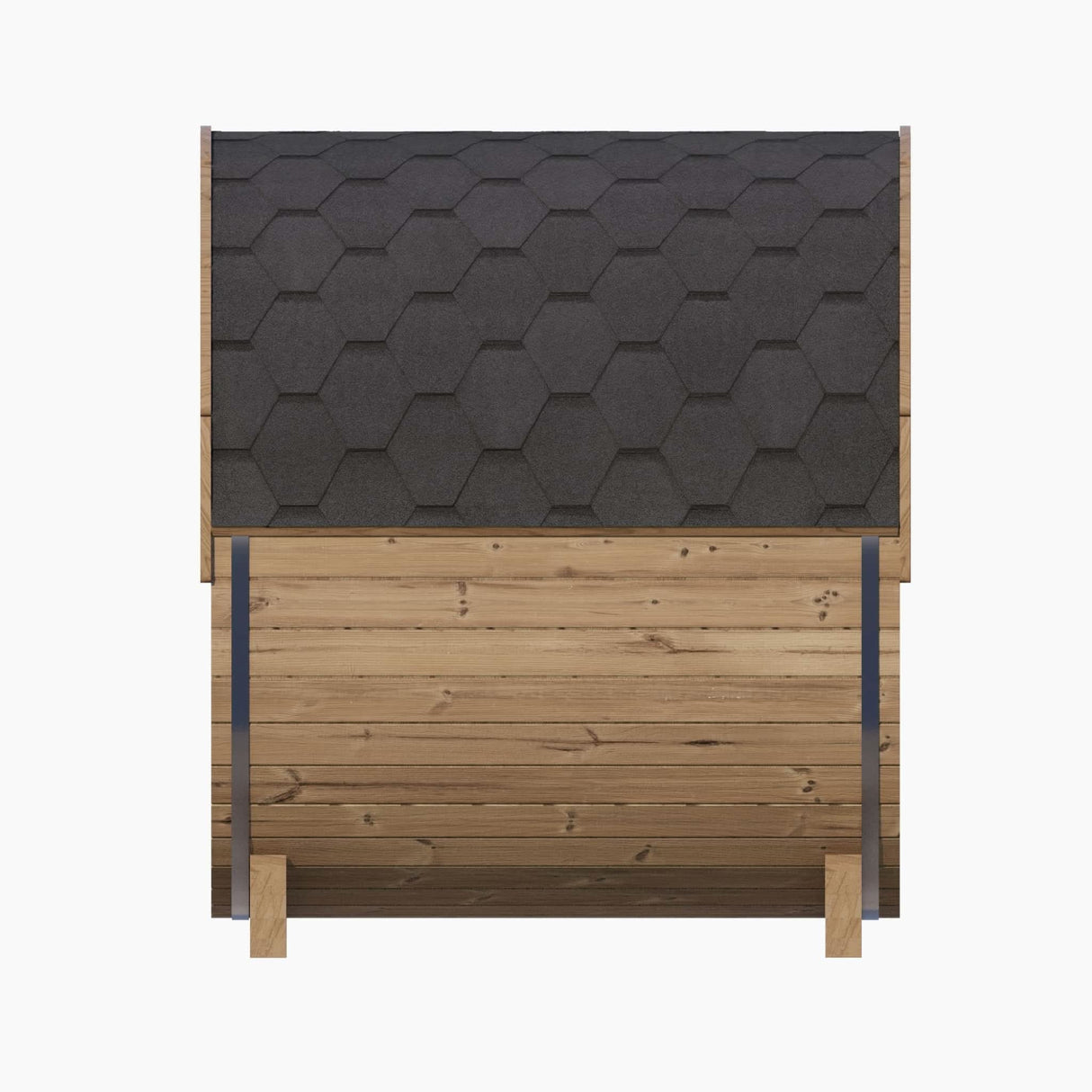Side profile of the E6W Barrel Sauna structure with the black shingle kit.