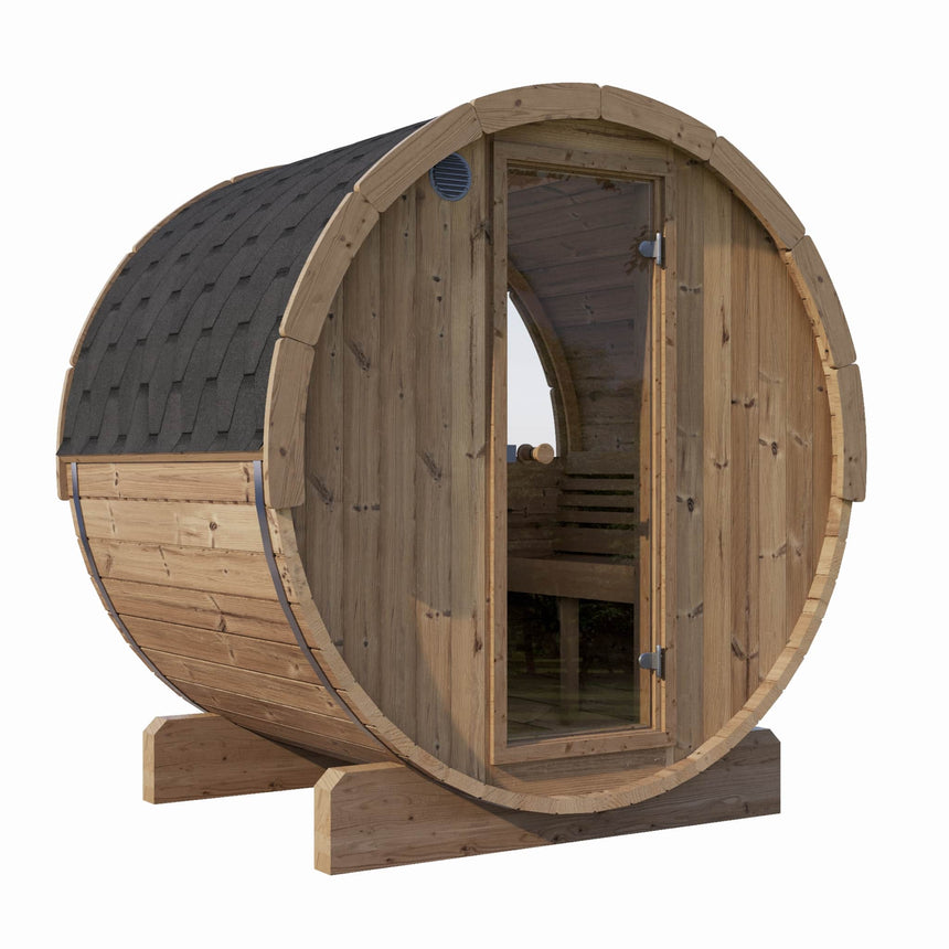 SaunaLife Model E6W Barrel Sauna 3/4 front view, showing the full window door and black shingle roof.