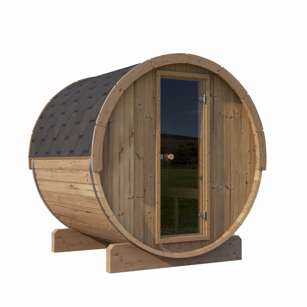 SaunaLife Model E7 3-Person Barrel Sauna front angle view with glass door and shingle roof.