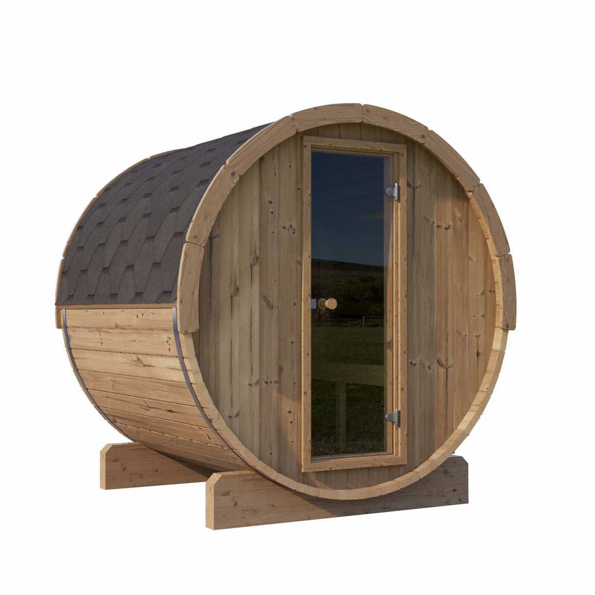 SaunaLife Model E7 3-Person Barrel Sauna front angle view with glass door and shingle roof.