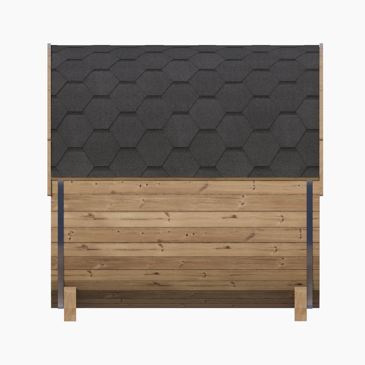 Side profile of the E7 Barrel Sauna structure with the black shingle kit and wooden staves.