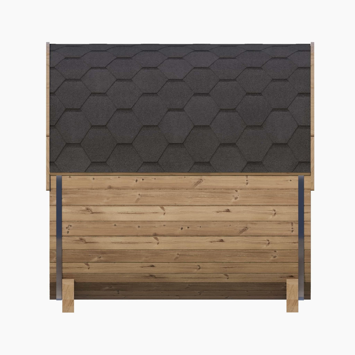 Side profile of the E7 Barrel Sauna structure with the black shingle kit and wooden staves.