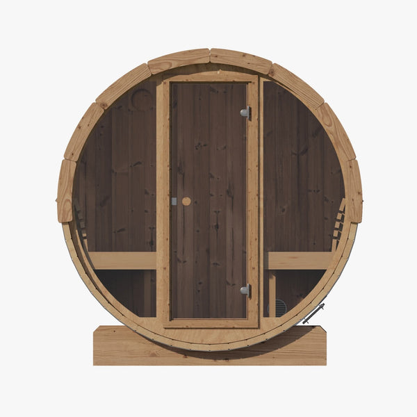 Direct frontal exterior view of the Model E7G with the wood and glass mixed-material door.