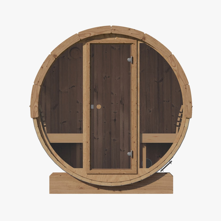 Direct frontal exterior view of the Model E7G with the wood and glass mixed-material door.