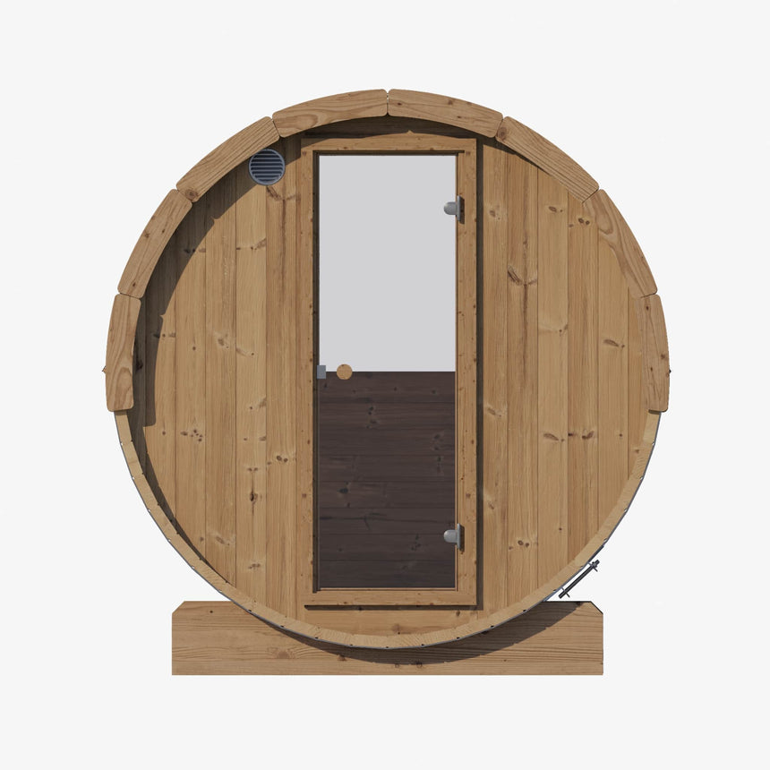 Direct frontal exterior view of the E7W Outdoor Sauna with the standard window door and side ventilation.