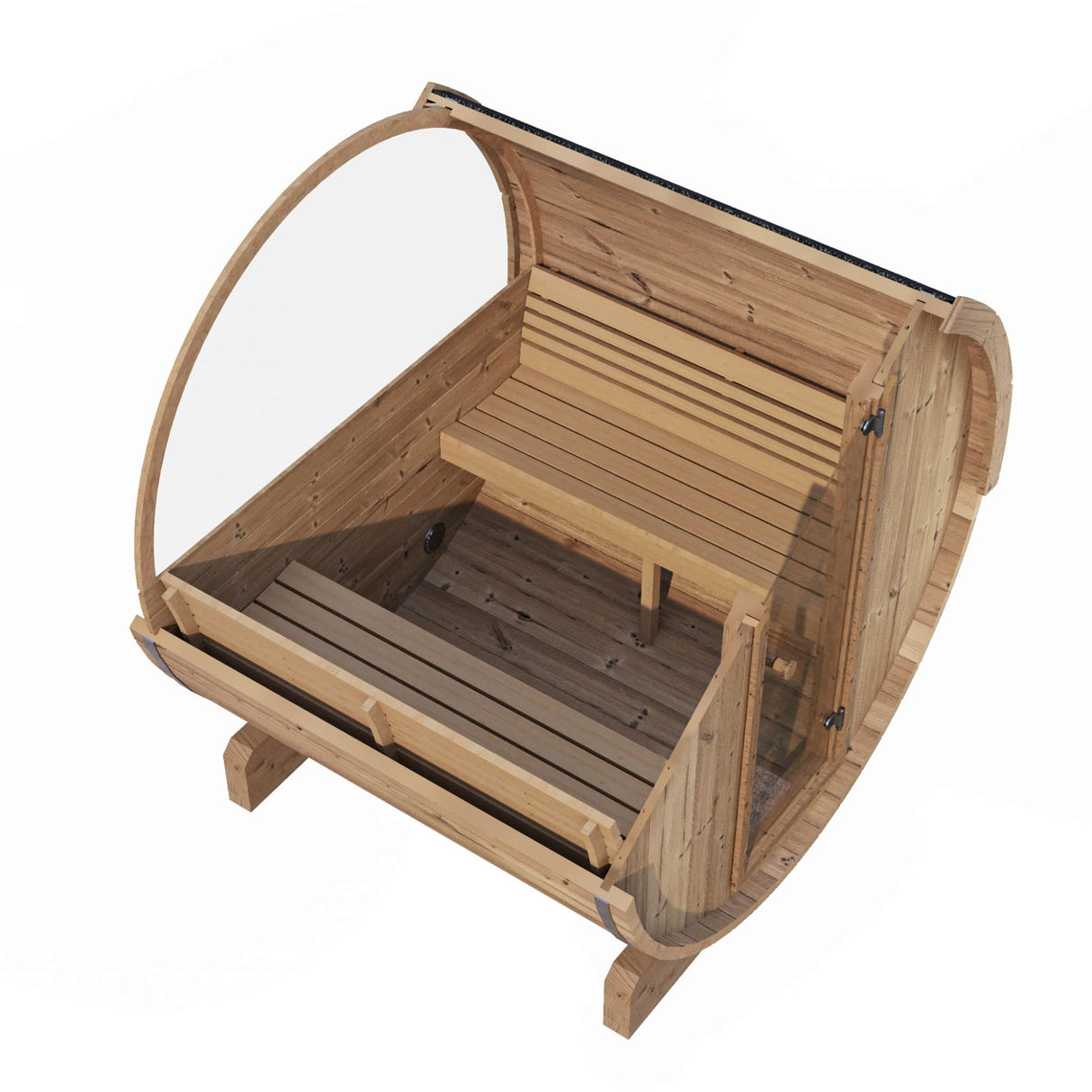 Top-down interior view of the E7W Sauna showing the half-moon panoramic glass back wall and Thermo-Aspen benches.