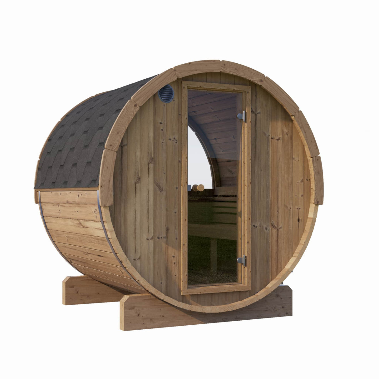 SaunaLife E7W Panoramic Barrel Sauna front 3/4 view with glass door and black shingle roof.