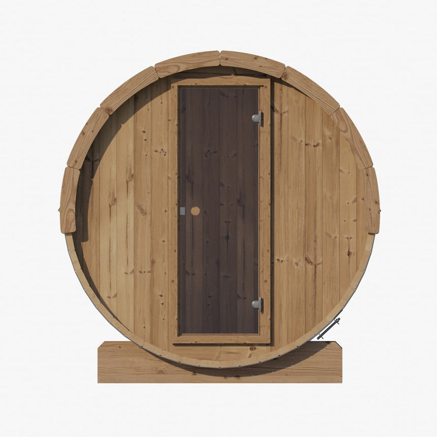 Front view of the SaunaLife E8 Barrel Sauna showing the wooden construction and glass door.