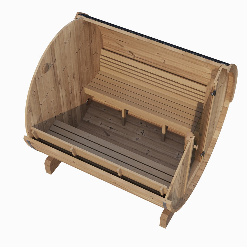 Overhead interior view of the SaunaLife E8 Barrel Sauna benches and wooden floor.