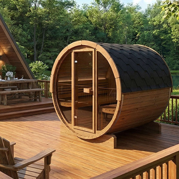 SaunaLife Model E8G 6-Person Outdoor Barrel Sauna with Glass Front | Thermo-Spruce