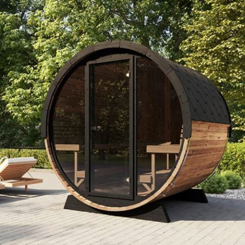 SaunaLife E8G Barrel Sauna installed on a deck, showcasing the panoramic glass front in an outdoor setting.