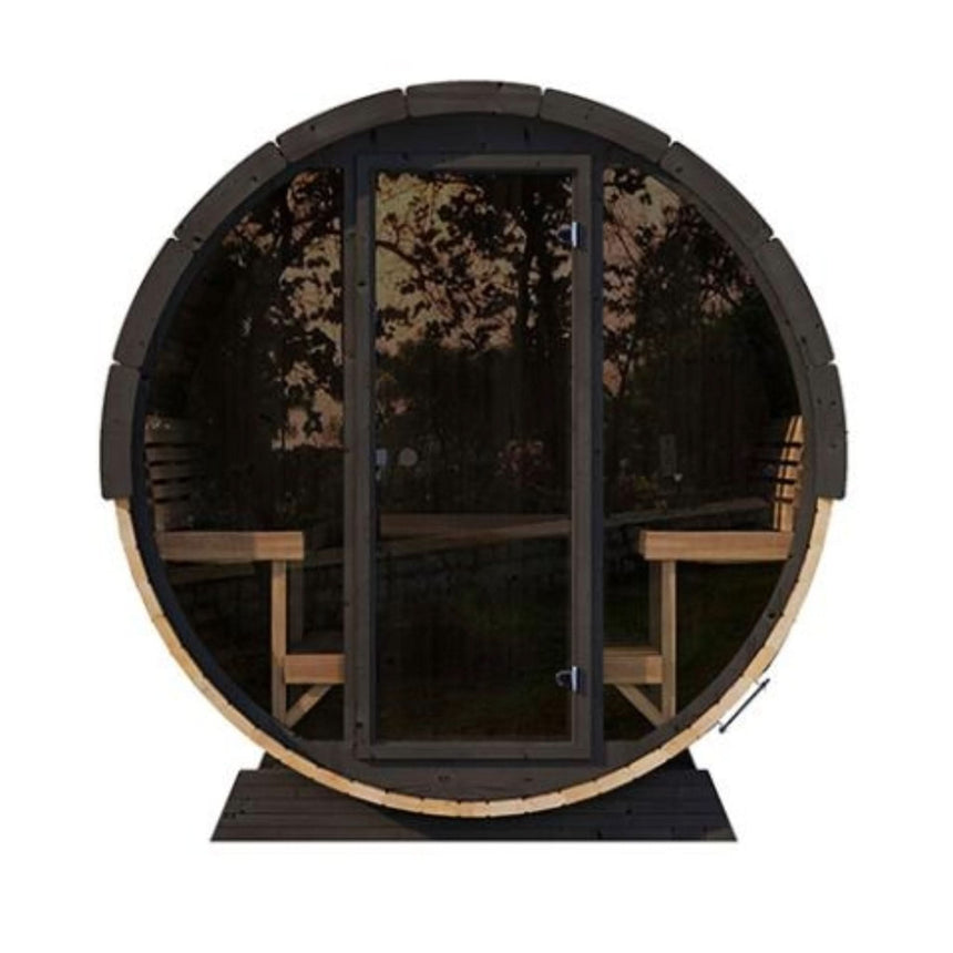 Front view of the SaunaLife E8W Panoramic Barrel Sauna showing the full glass end wall and internal benches.