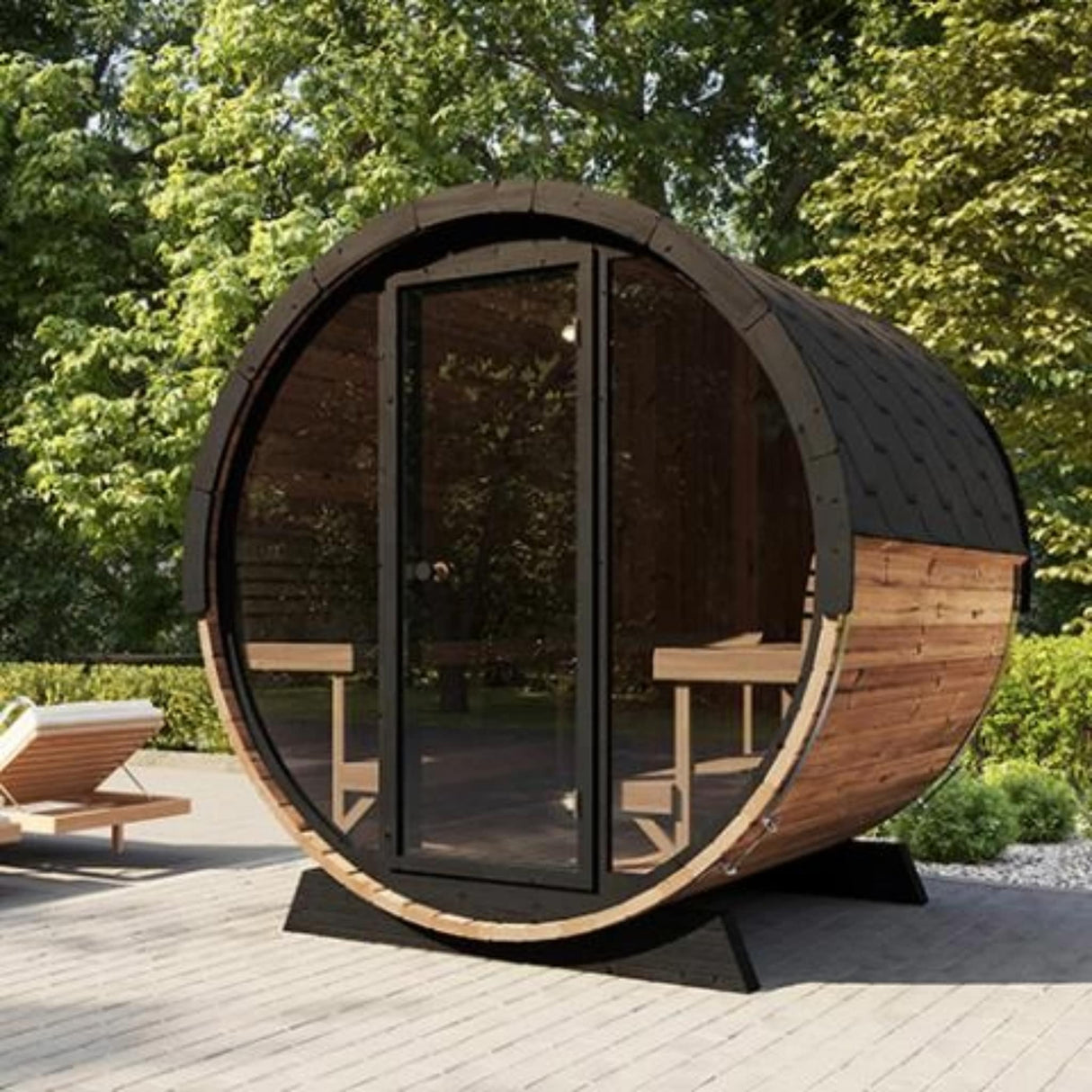 SaunaLife E8W Barrel Sauna full exterior view with shingle roof and panoramic glass front.