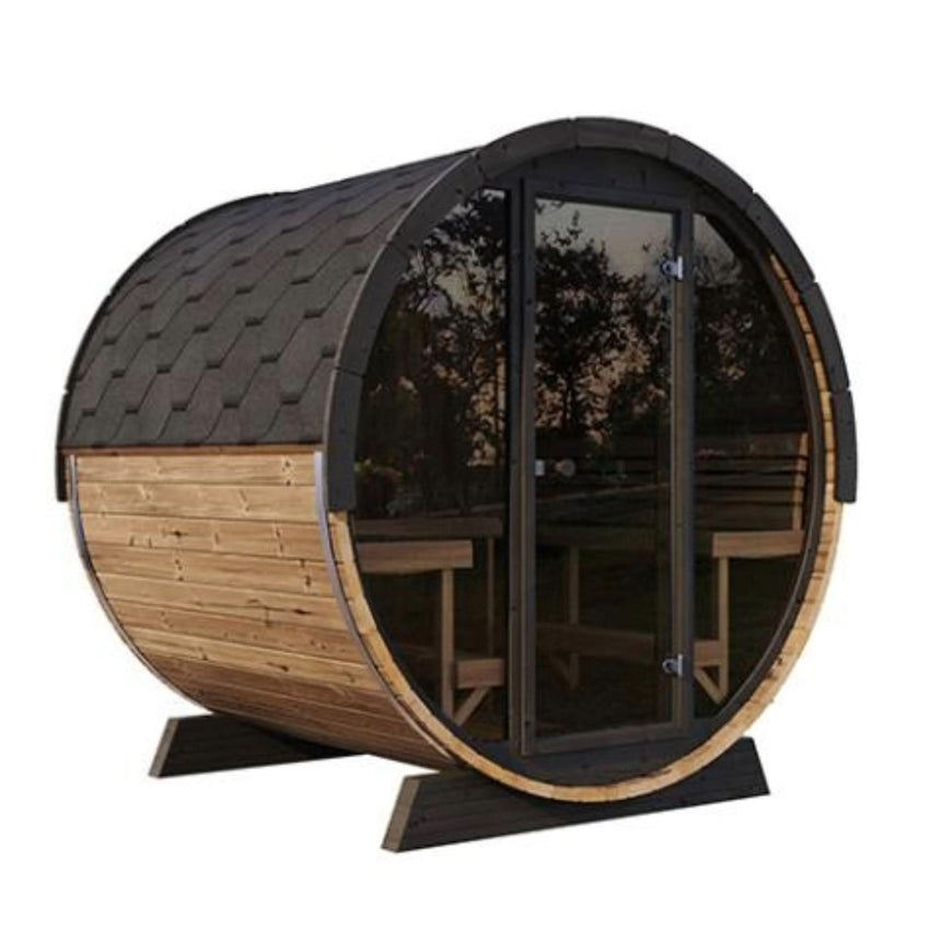 SaunaLife E8W Barrel Sauna full exterior view with shingle roof and panoramic glass front.