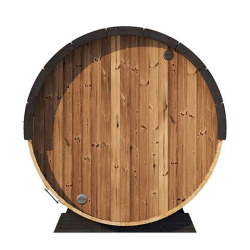 Rear view of the SaunaLife E8W Barrel Sauna showing the solid wood end wall with ventilation.