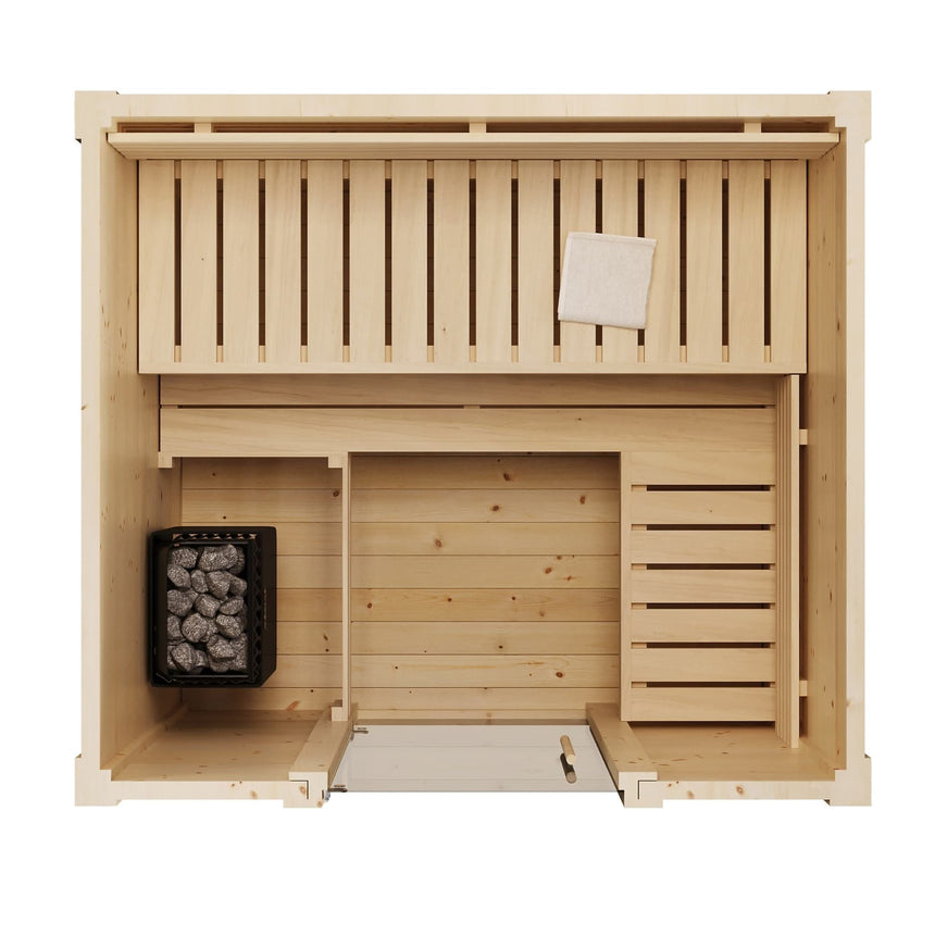 SaunaLife G2 Garden Series sauna top-down view displaying L-shaped bench configuration, heater placement, and backrest design.