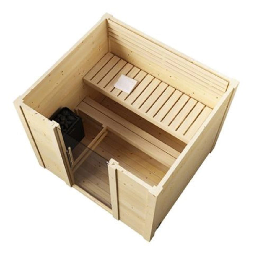 SaunaLife Model G2 sauna aerial view showing two-tier bench layout, electric sauna heater, and Nordic spruce construction.