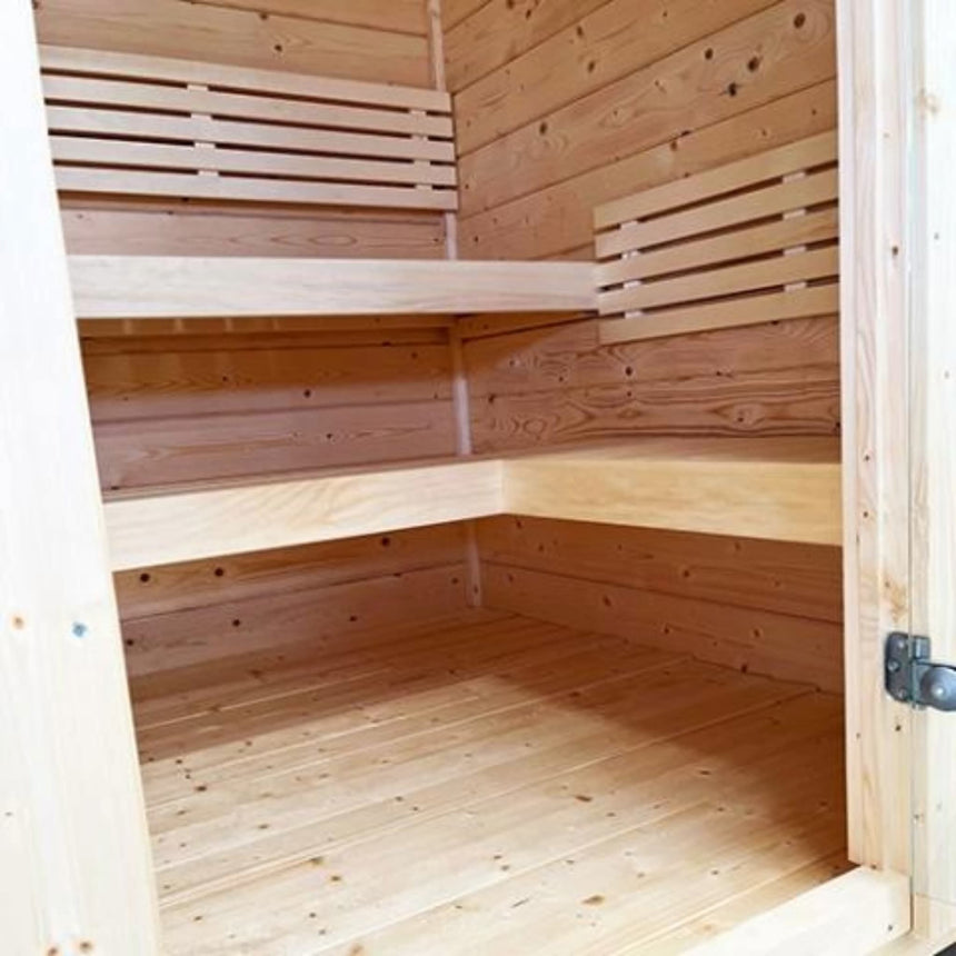SaunaLife Model G2 sauna interior corner view featuring L-shaped aspen bench configuration and slanted roof design.