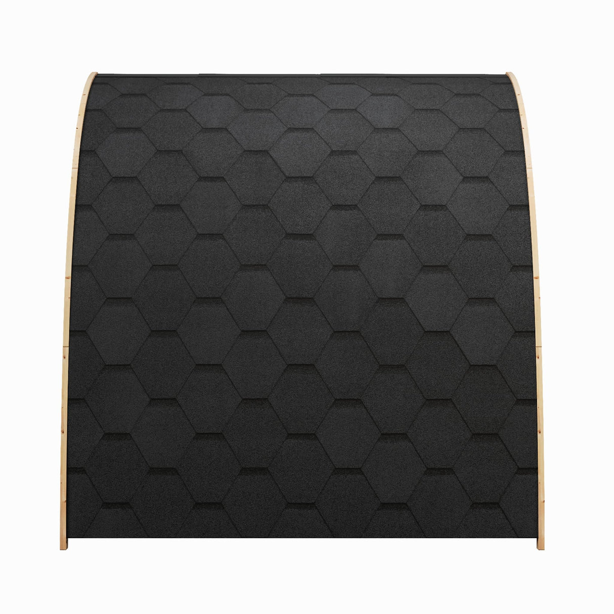 SaunaLife Model G3 Garden Series sauna top view showing black hexagonal shingle roof pattern on parabolic arch design.