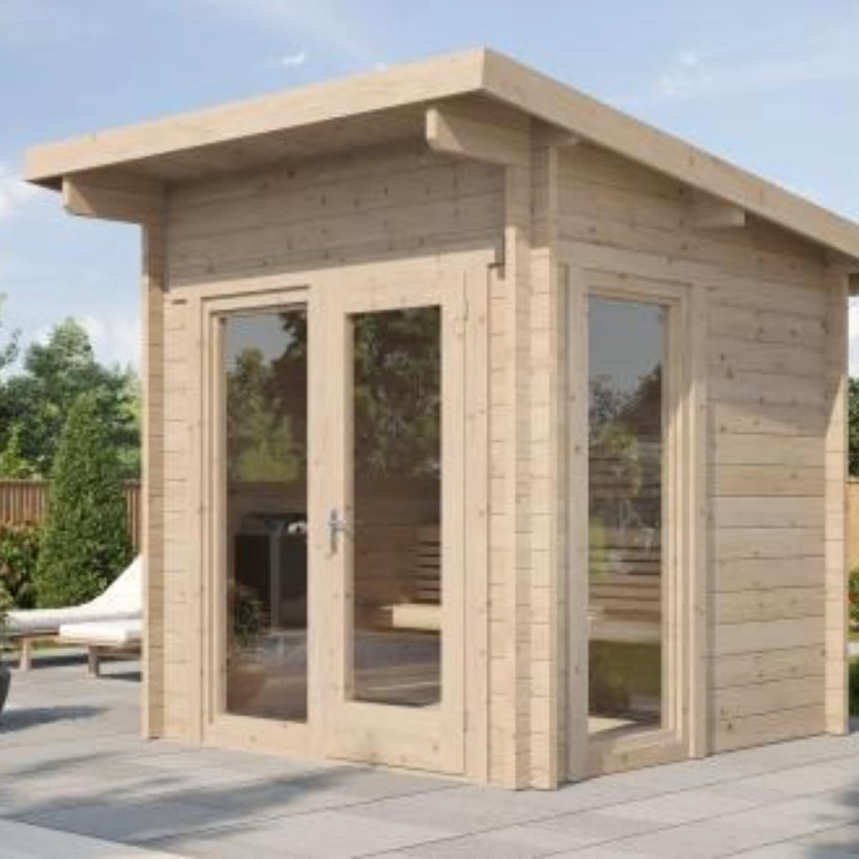 SaunaLife Model G4 6-person Garden Series outdoor sauna angled view with clear glass door, side window and front porch.