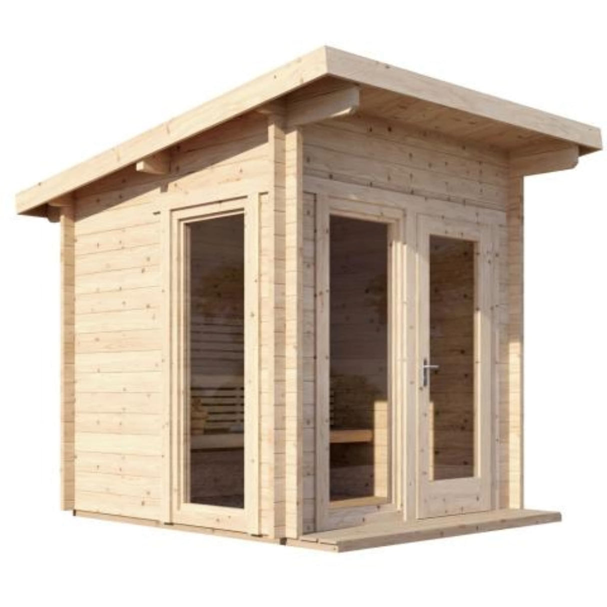 SaunaLife Model G4 6-person outdoor sauna side angle view with Nordic spruce construction, sloped roof and multiple glass panels.