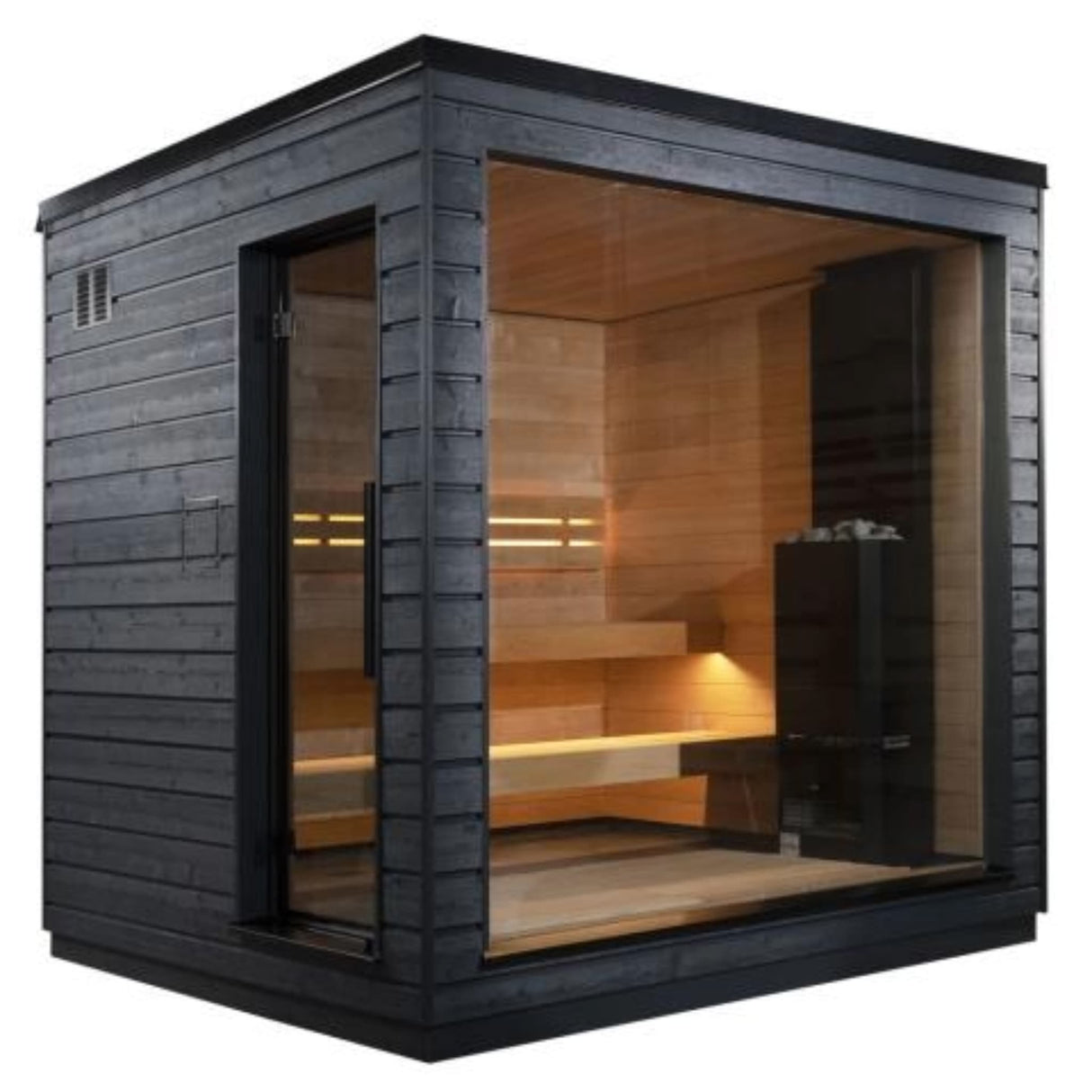 SaunaLife Model G6 5-person pre-assembled outdoor sauna angled view with black painted spruce exterior and open glass door.