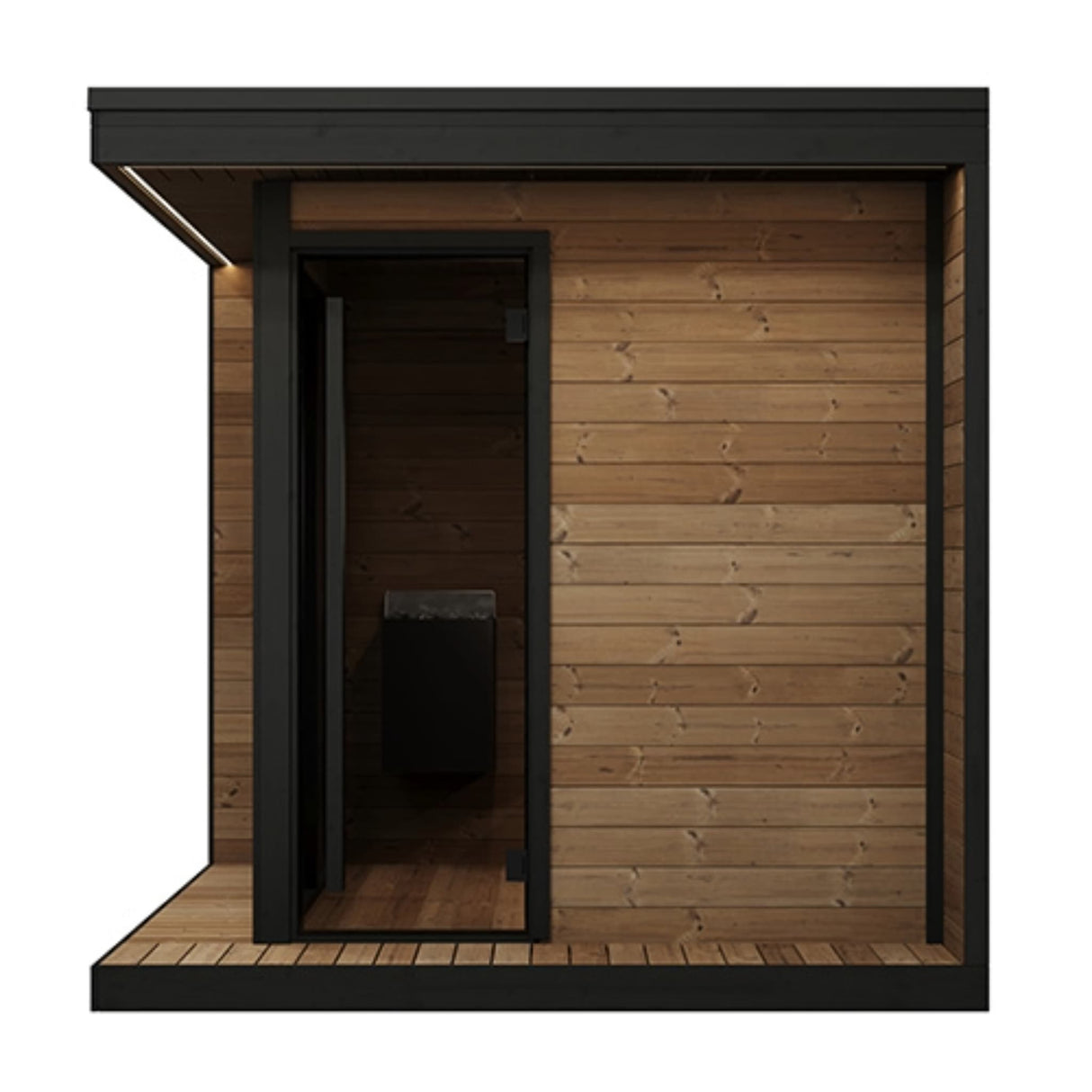 SaunaLife Model GL6 6-person outdoor sauna side angle view with bronze glass door, wrap-around porch and LED eaves lighting.