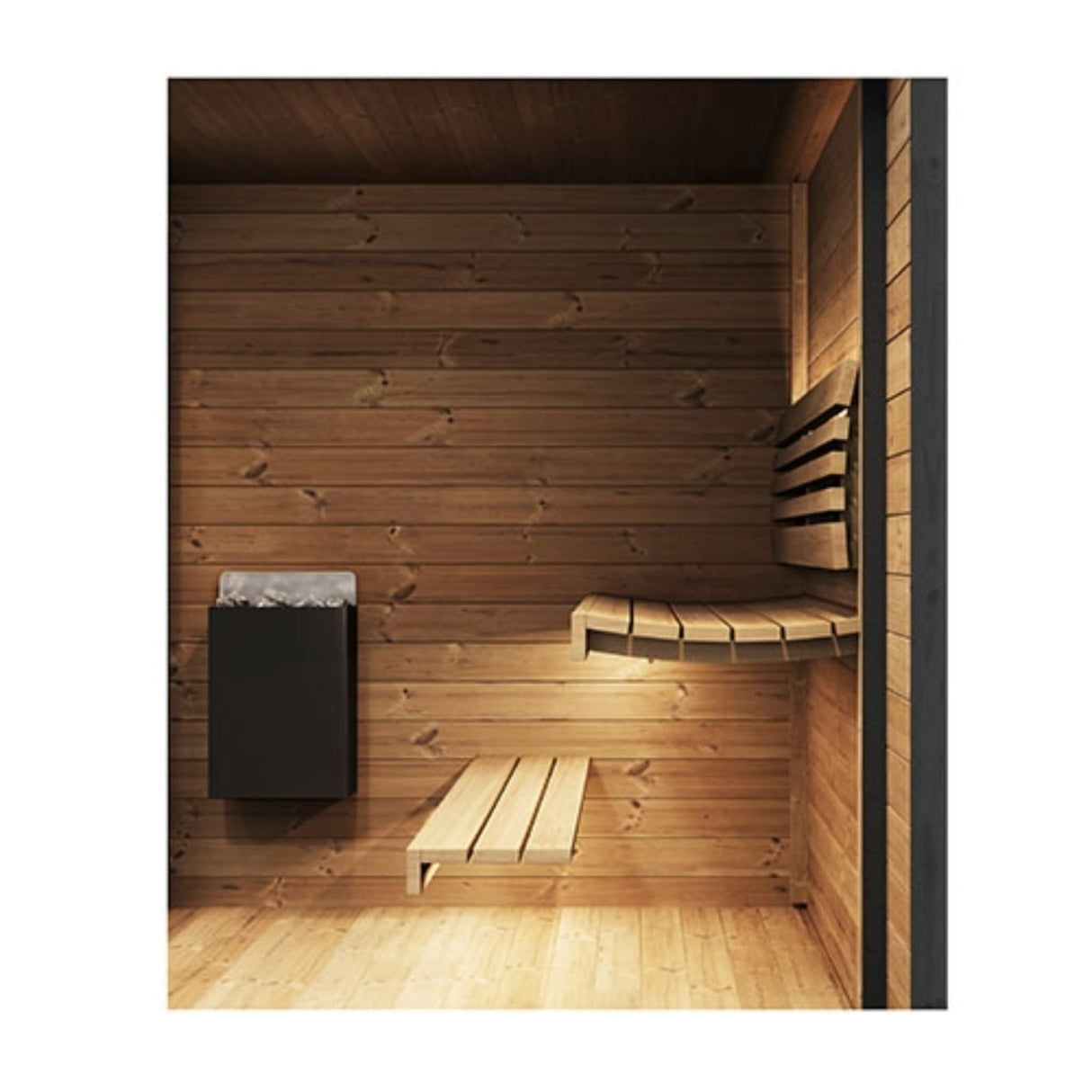SaunaLife Model GL6 sauna interior corner showing thermo-spruce walls, two-tier benches, electric sauna heater and LED lighting.