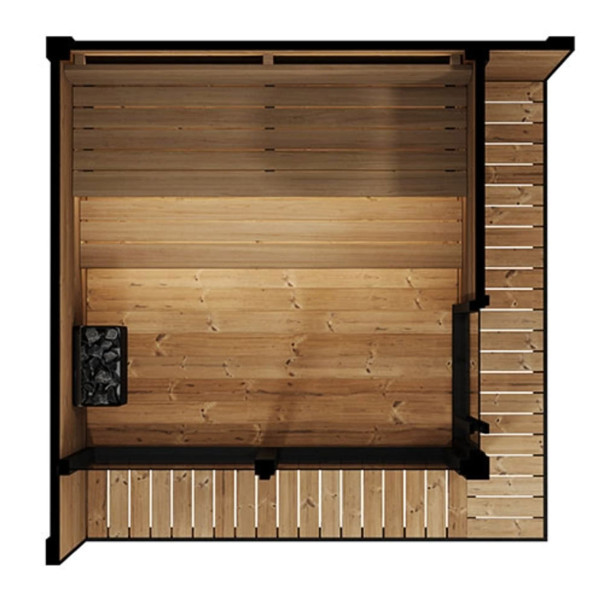 SaunaLife GL6 6-person sauna aerial interior view showing L-shaped bench layout, electric heater and wrap-around porch with black frame.
