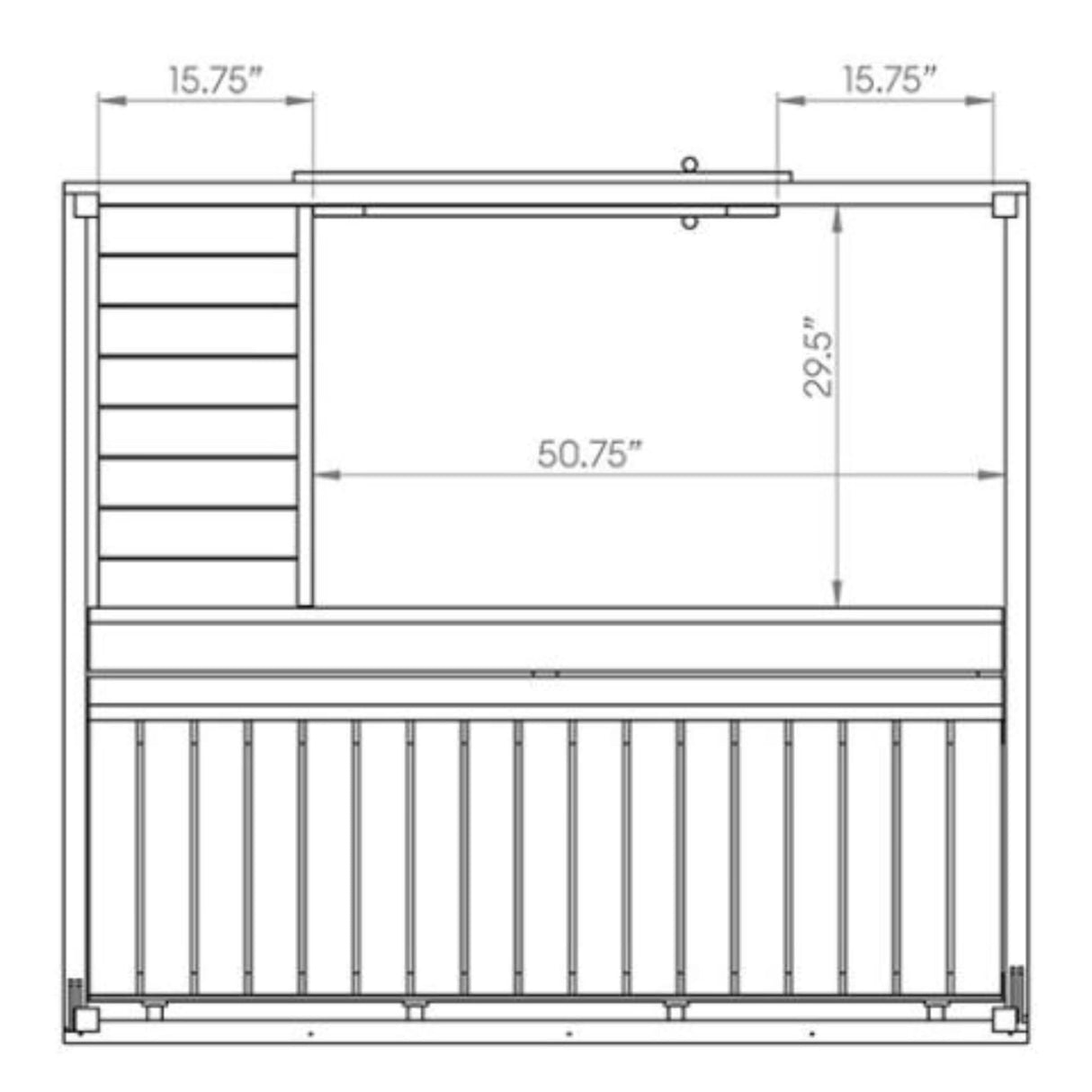 SaunaLife G2 Garden Series sauna floor plan showing interior dimensions and L-shaped bench layout diagram.