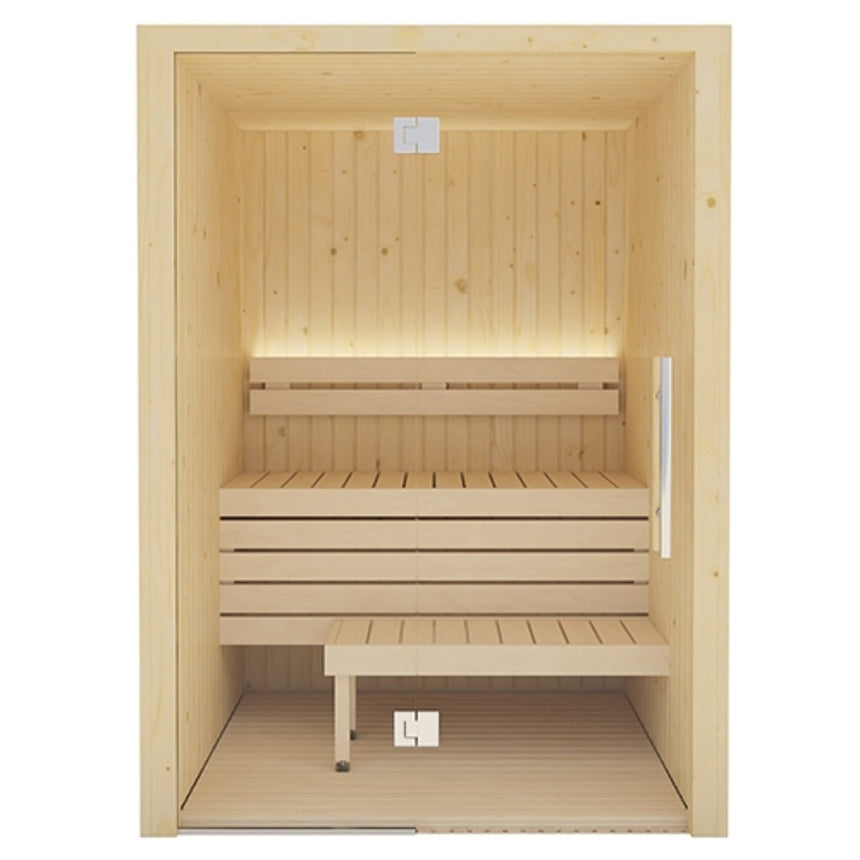 SaunaLife Model X2 2-person Xperience Series indoor sauna interior front view showing Nordic spruce walls, aspen benches and LED lighting.