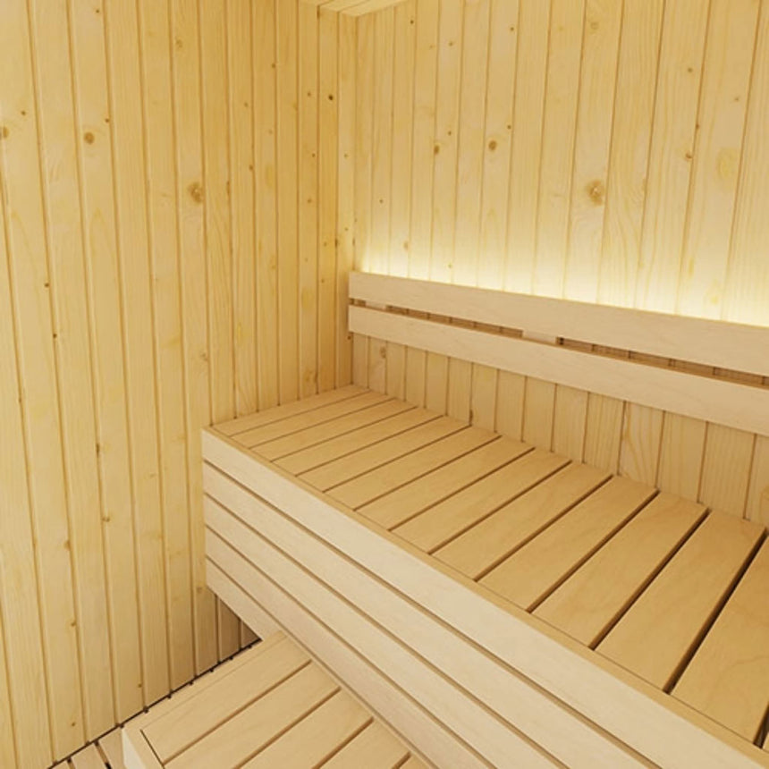 SaunaLife Model X2 2-person Xperience Series sauna interior corner detail showing aspen benches with LED backrest lighting and Nordic spruce walls.