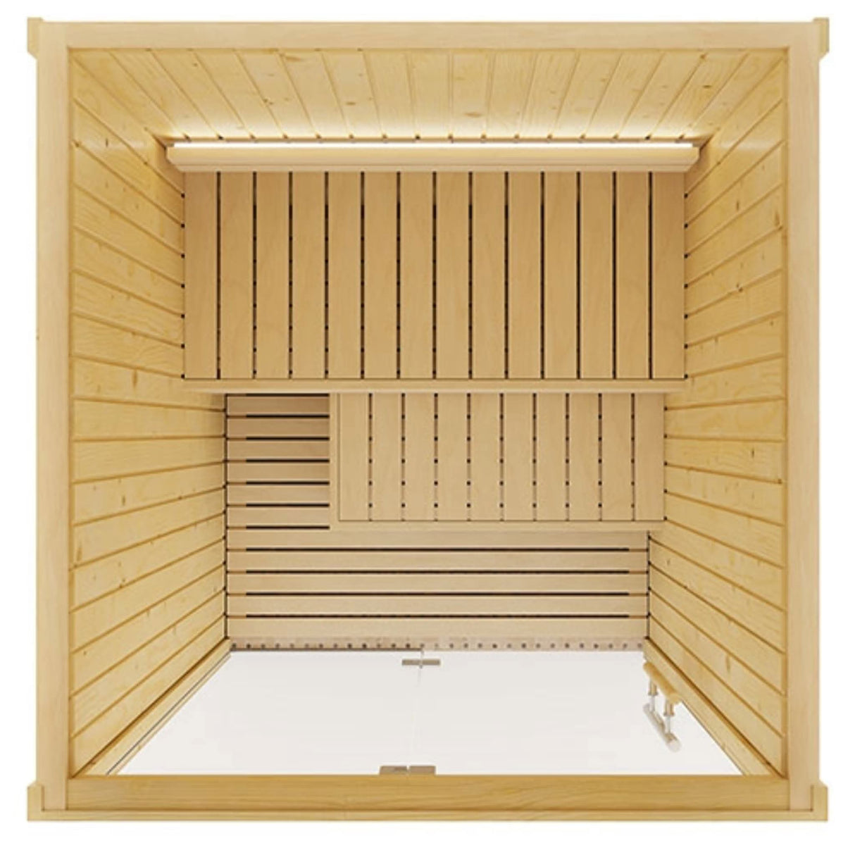 SaunaLife Model X2 indoor sauna top-down interior view showing flat bench layout, footrest and Nordic spruce walls with LED lighting.