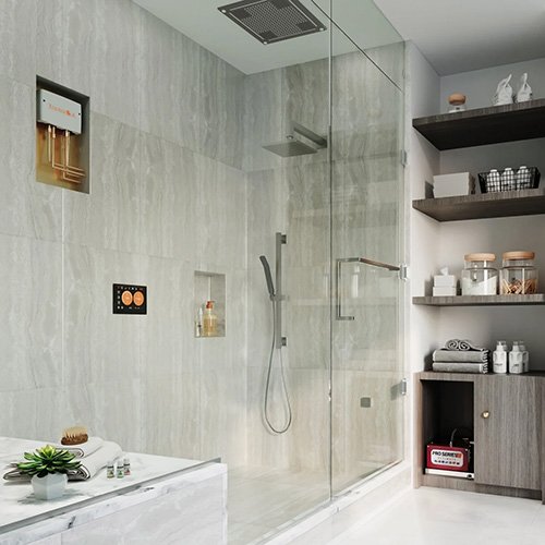 Residential steam shower installation with a ThermaSol PRO Series III steam system
