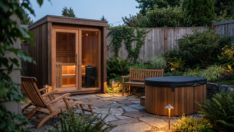 Backyard sauna setup with a cabin sauna, a covered cold plunge and teak seating on a stone patio