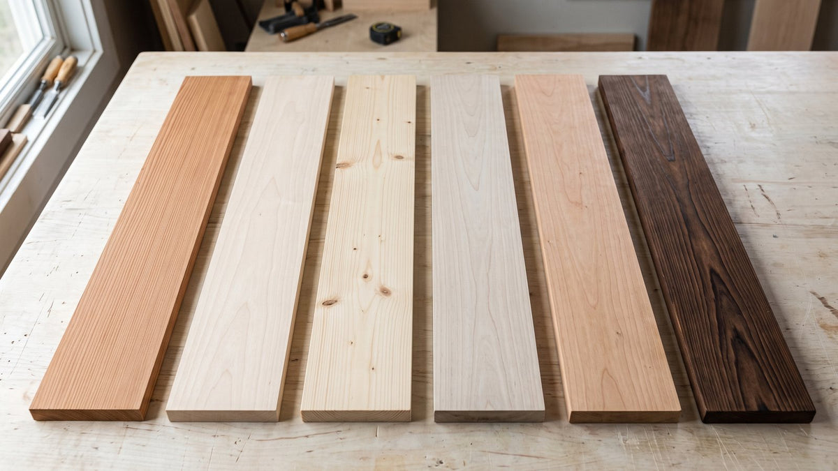 Best wood for a sauna: cedar, basswood, spruce, aspen, alder and thermally modified boards side by side