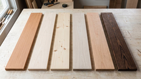 Best wood for a sauna: cedar, basswood, spruce, aspen, alder and thermally modified boards side by side
