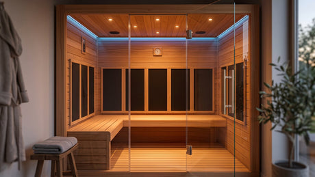 Chromotherapy sauna interior lit by amber and blue LED ceiling lights