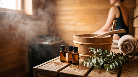 Essential oils for sauna use with a wooden bucket and ladle on a cedar bench