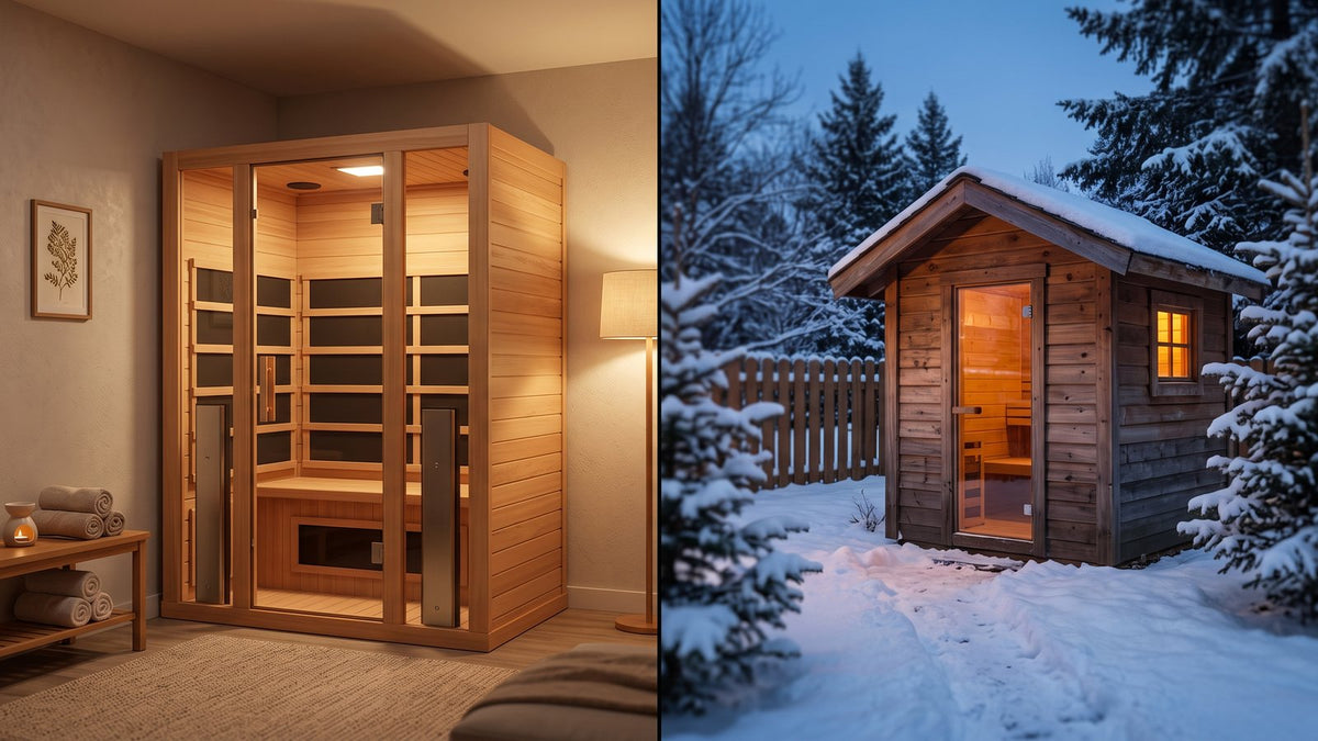 Indoor vs outdoor sauna: an infrared cabin inside a home and a cabin sauna in a snowy backyard