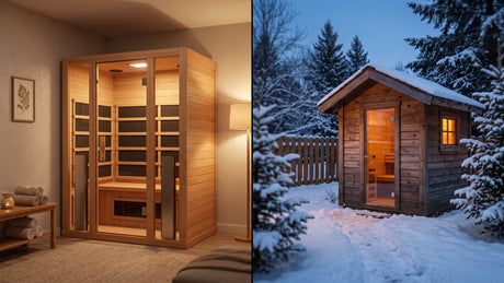 Indoor vs outdoor sauna: an infrared cabin inside a home and a cabin sauna in a snowy backyard