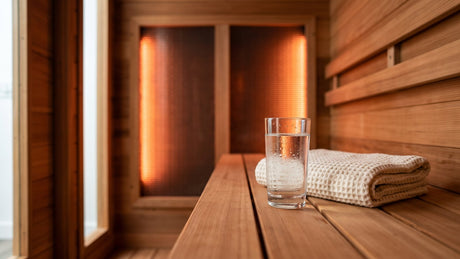 Water glass and towel on an infrared sauna bench