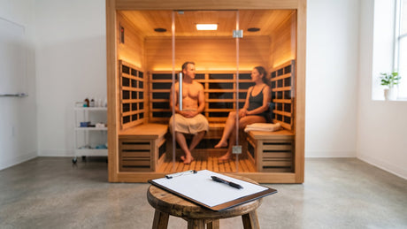Clipboard and data sheet in front of an infrared sauna in a research lab
