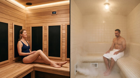 Infrared sauna interior beside a steam-filled tiled steam room