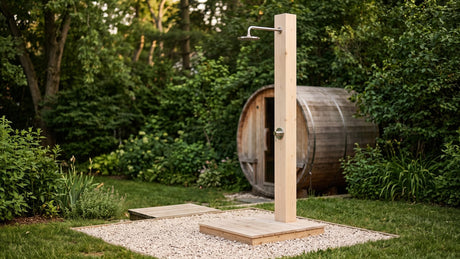 Outdoor shower for a sauna: a freestanding cedar pillar shower on a gravel pad beside a barrel sauna