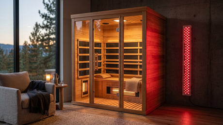 Red light therapy tower beside an infrared sauna in a home wellness room