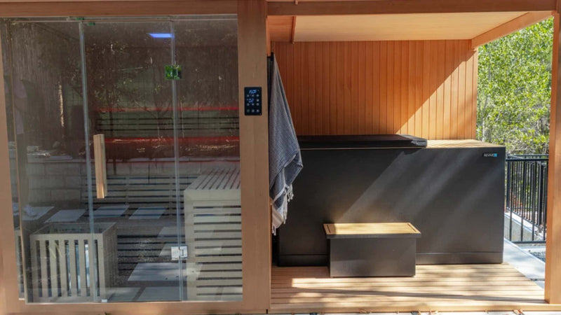 Revive Fire and Ice: the Revive 4 Person Traditional Sauna with Extension Kit outdoors, with the Revive Luxury Plunge under its covered deck