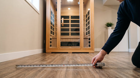 Sauna size guide: measuring floor space in front of a two-person indoor sauna